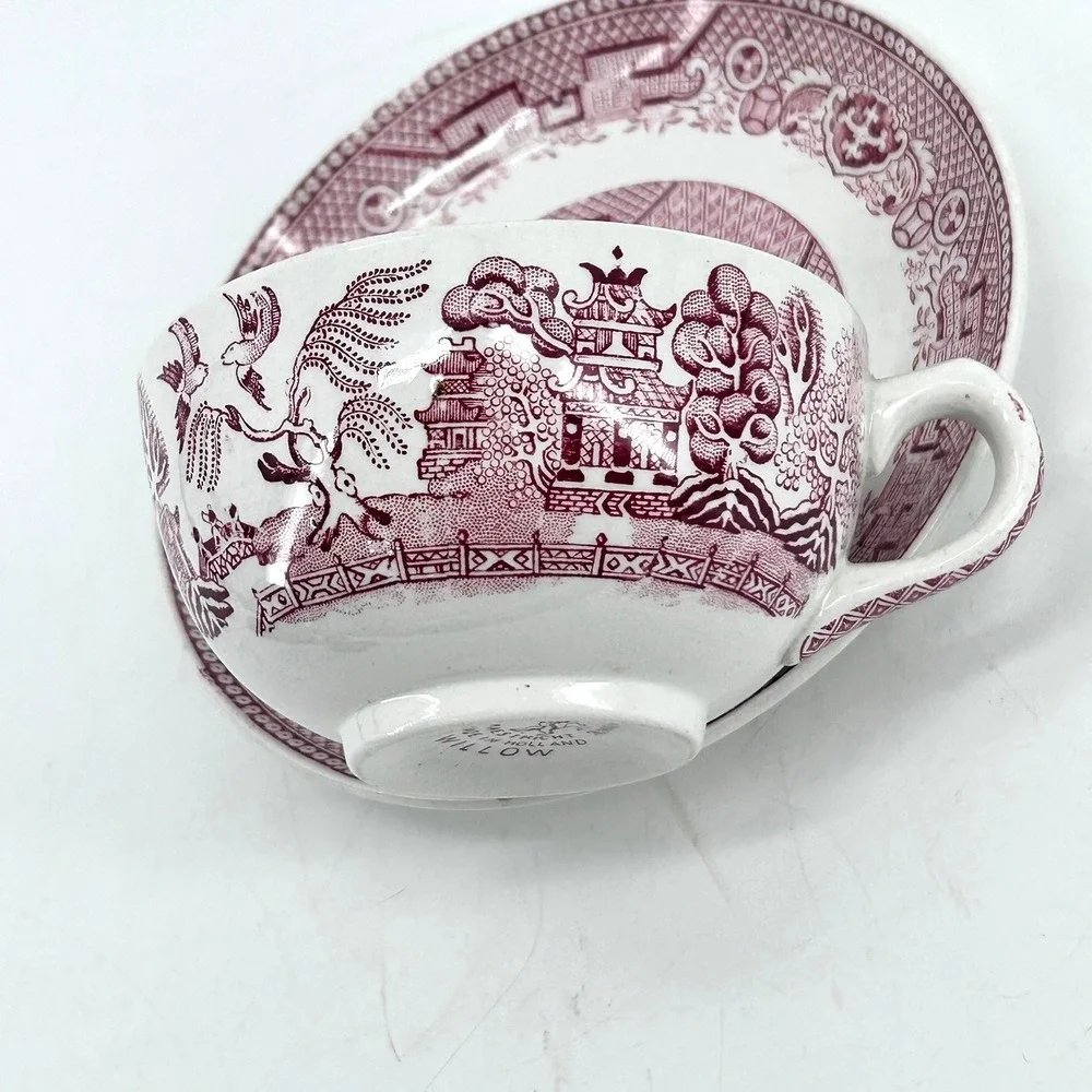 Societe Ceramique Maastricht Pink Red Willow Tea Cup & Saucer Set Holland VTG